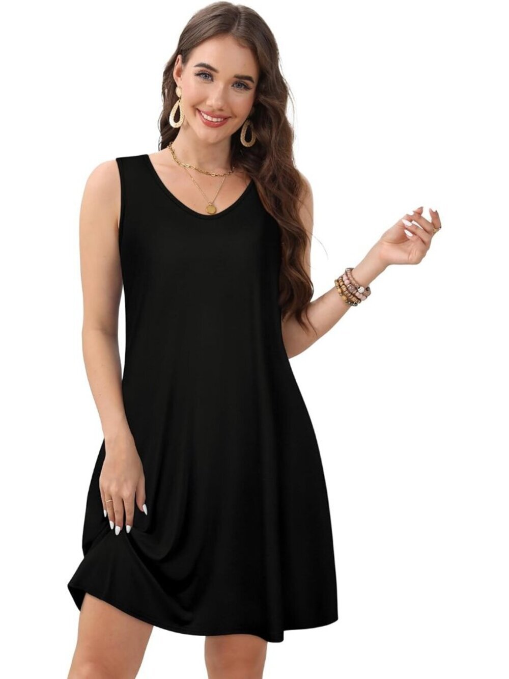Women's Black Stylish Casual Sleeveless Loose T Shirt V Neck Swing Mini Dress - Picture 4 of 6